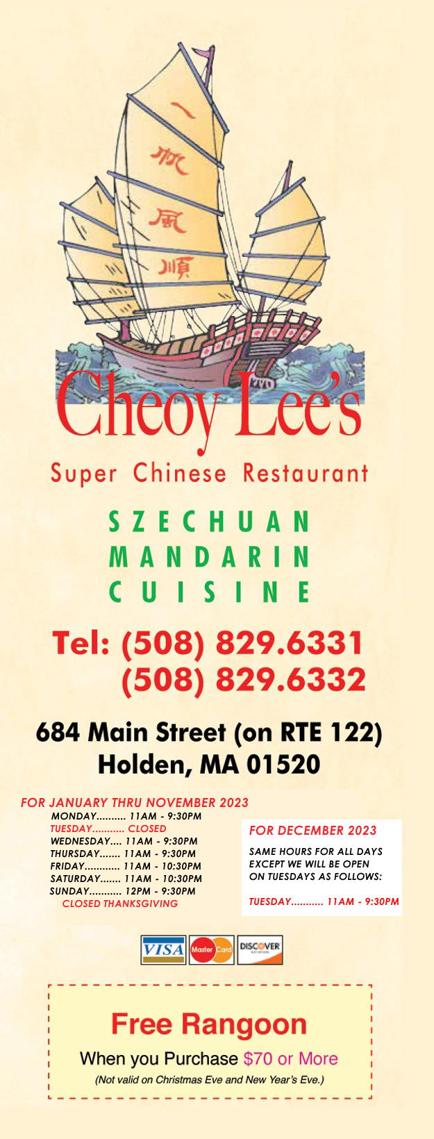 Cheoy Lee's Chinese Restaurant and Takeout MENU, Holden, MA